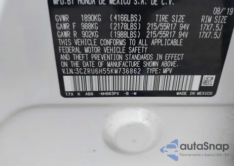 2019 Honda Hr-V Ex z USA, uszkodzony, nr VIN 3CZRU6H55KM736862